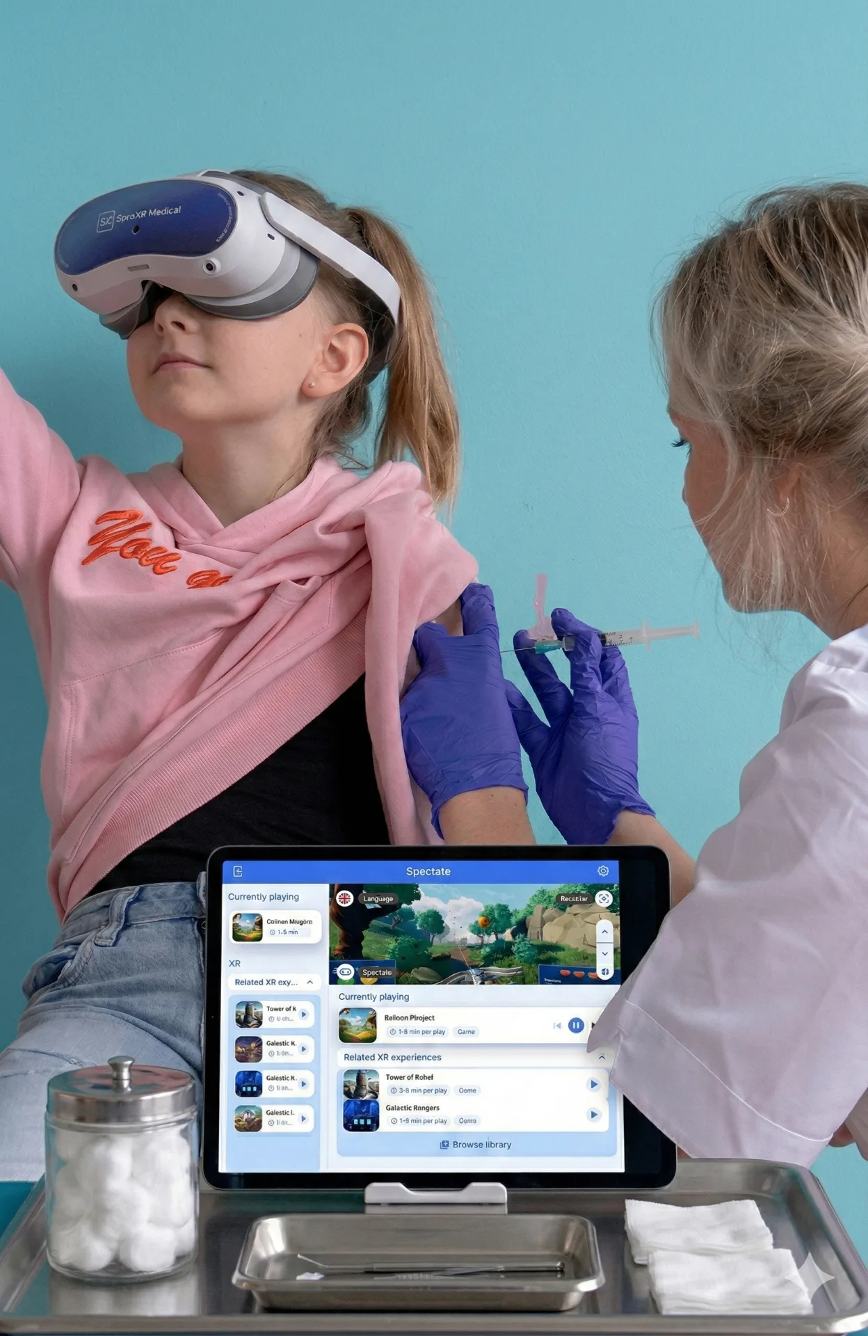 Young patient wearing a VR headset for immersive distraction during a hospital procedure